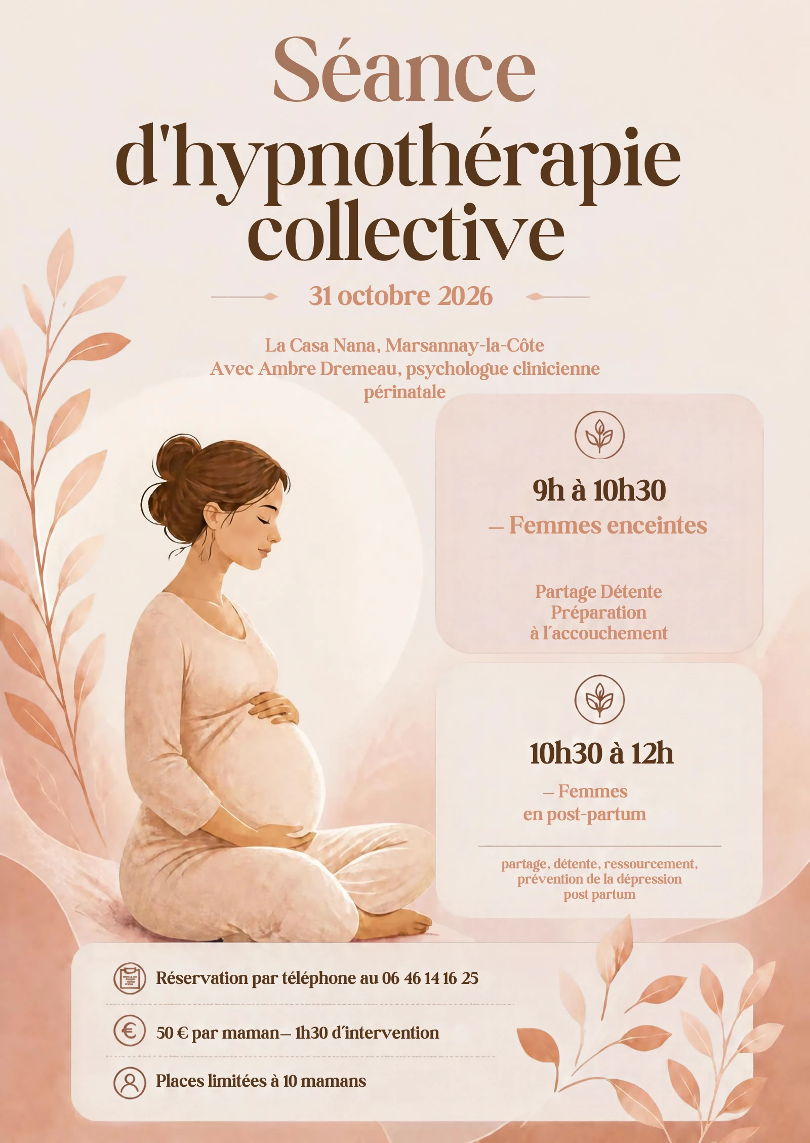 Séance d'hypnothérapie collective pour femmes enceintes et femmes en post-partum, Cabinet de Psychologie Ambre Dremeau